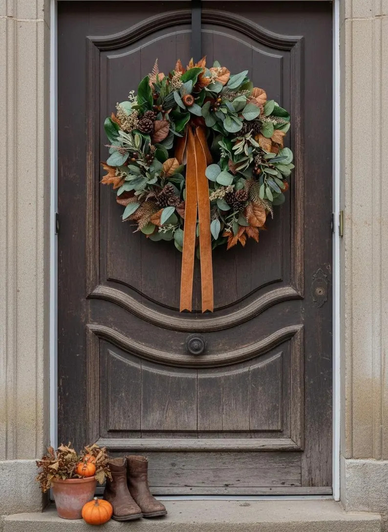 Neutral Fall Olive Branch Wreath,Autumn Eucalyptus Front Door Wreath,Fall Maple Leaves Wreath,Ele... | Etsy (Global)