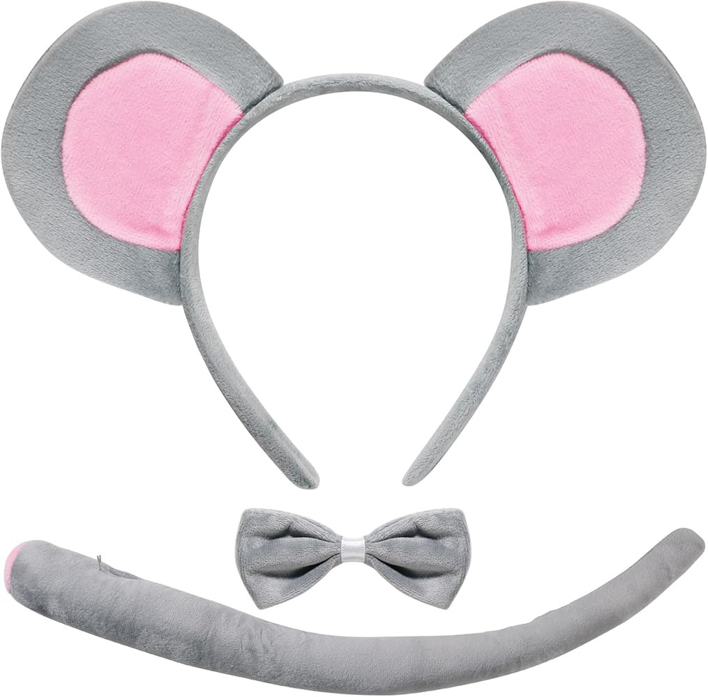 Mouse Costume Ears-Headband-Tail-Bow-Tie Accessories Set : Standing Up Grey and Pink Ears Headban... | Amazon (US)