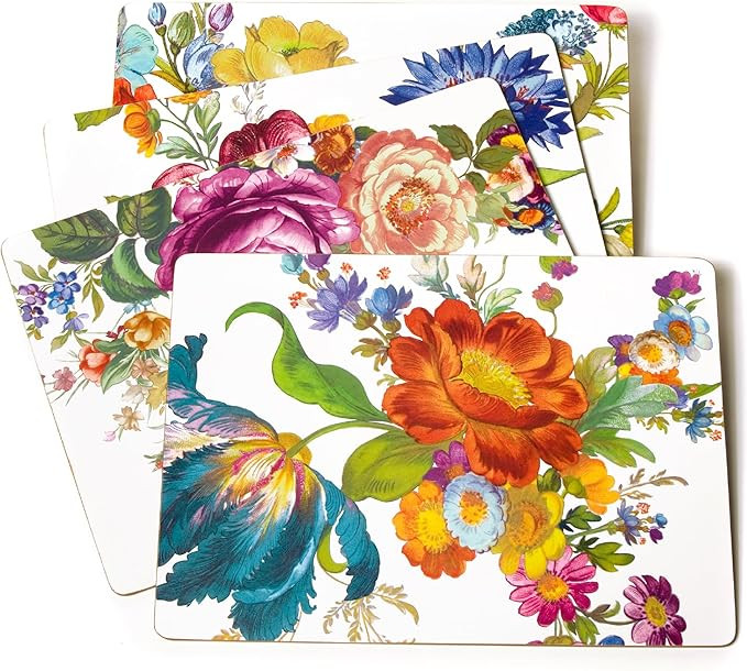MACKENZIE-CHILDS Cork-Back Placemats, Hard-Finish Washable Table Mats, Set of 4, White Flower Mar... | Amazon (US)
