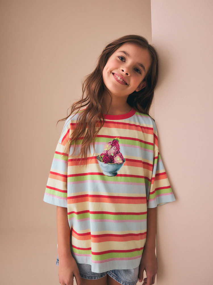 Buy Stripe Ice Cream Oversized Boxy  Sequin Graphic T-Shirt (3-16yrs) from Next USA | Next US