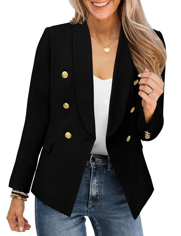 CRAZY GRID Womens Casual Blazer Jacket Gold Button Long Sleeve Work 0ffice Blazer Lapel Open Fron... | Amazon (US)