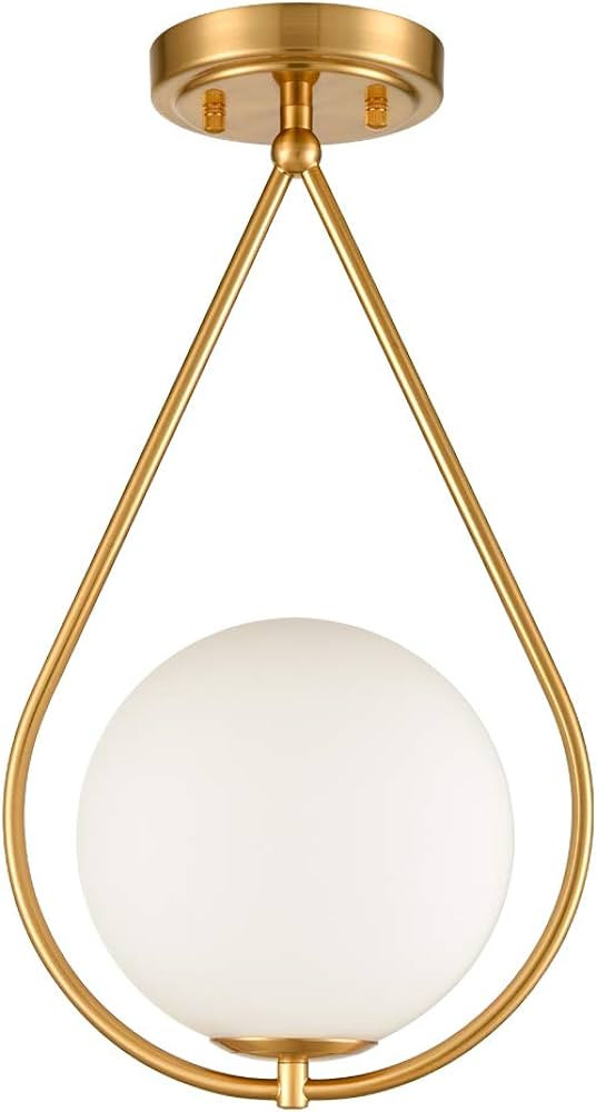 Industrial Mid-Century Modern Brass Semi Flush Mount Ceiling Light Opal Milk Glass Globe Ceiling ... | Amazon (US)