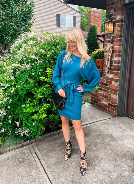 Teal Dolan sleeve off the shoulder sweater dress with a 10% clickable coupon - leopard ankle boots - fall boots - ShoeDazzle - sweater dresses - fall fashion - Amazon Fashion - Amazon Finds - Amazon coupons 

#LTKunder50 #LTKSeasonal #LTKshoecrush
