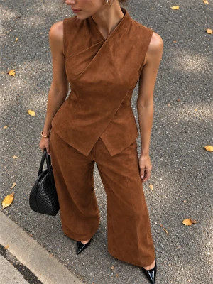 Faux Suede Two Piece Pants Set | Commense