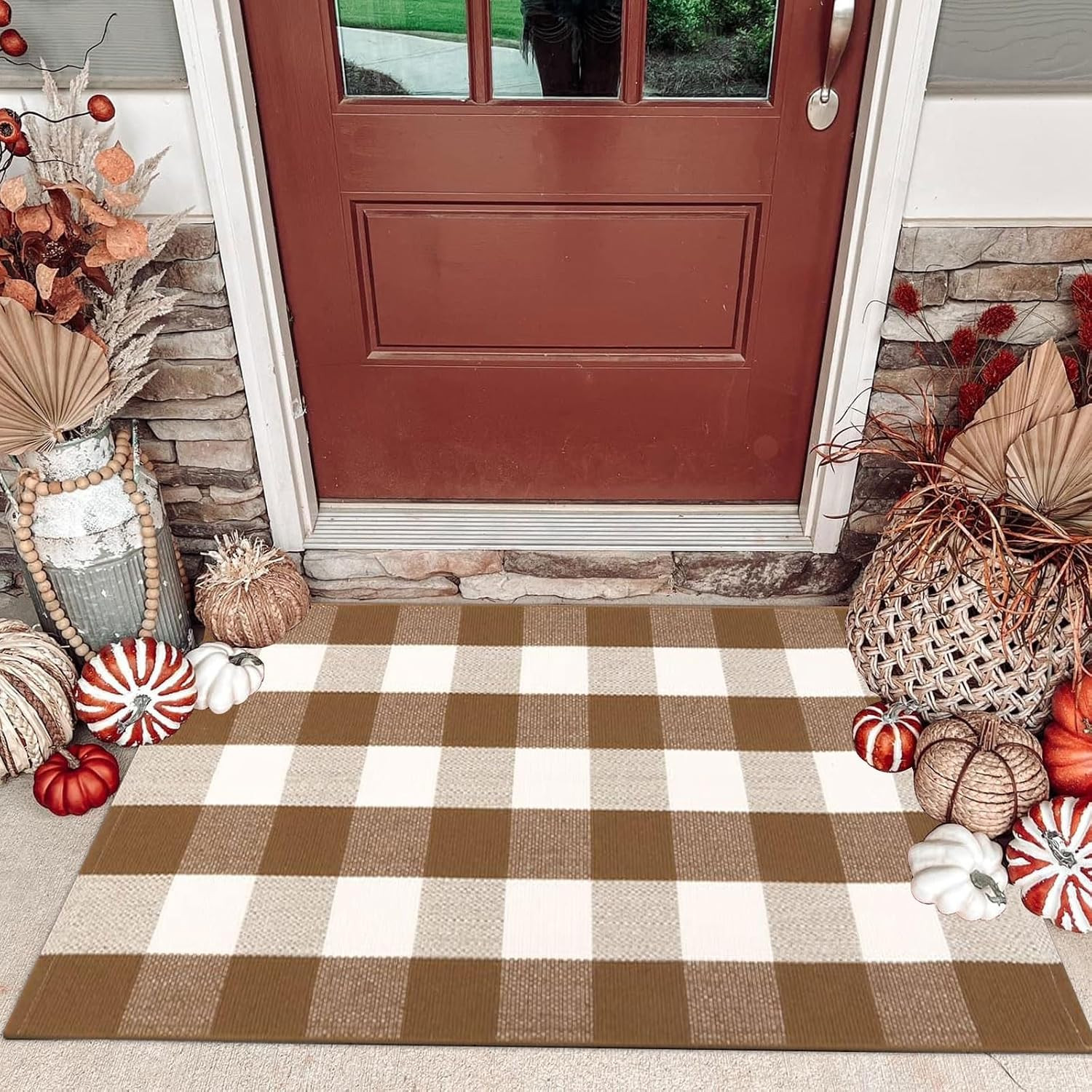 Fall Door Mat Front Door Rug Farmhouse Brown and White Buffalo Check Rug Layered Welcome Door Mat for Front Porch Decor, Front Door, Farmhouse Decor (27.5"x43", Coffee and White) | Amazon (US)