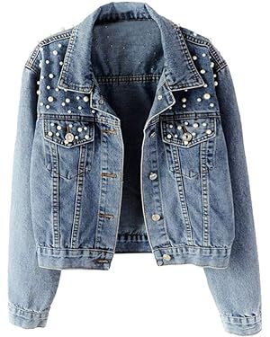 Kedera Women Oversized Denim Jacket Embroidered Pearls Beading Jeans Coat | Amazon (US)