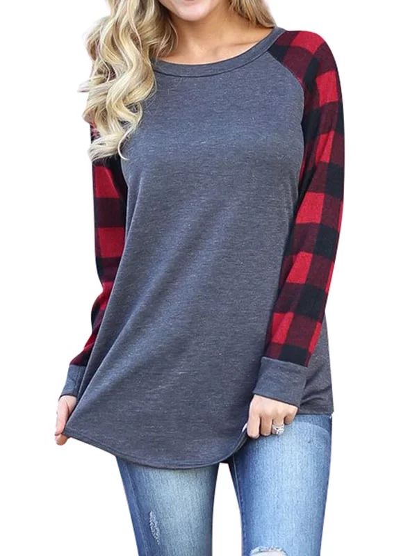 Women Round Neck Long Sleeve Splicing Plaid Top | Walmart (US)