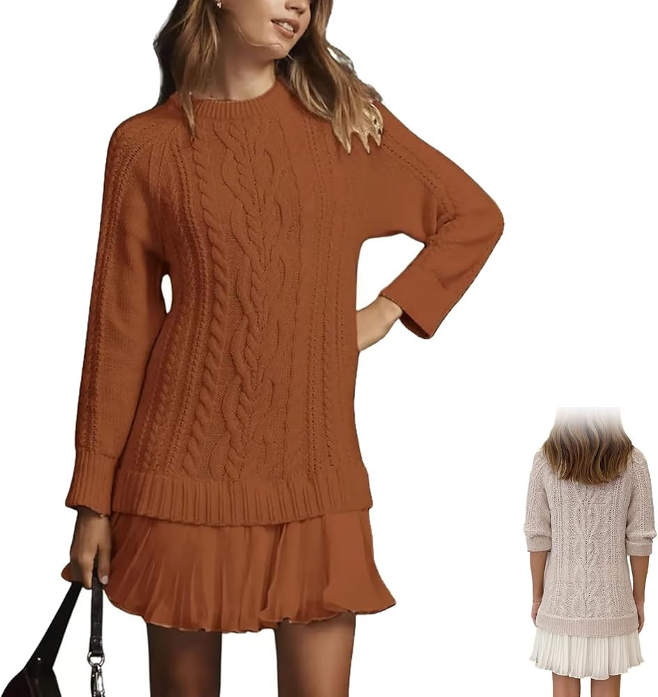 Women Crewneck Cable Knit Sweater Mini Dress, Long Sleeve Pleated Mini Dress, Patchwork Pleated K... | Amazon (US)