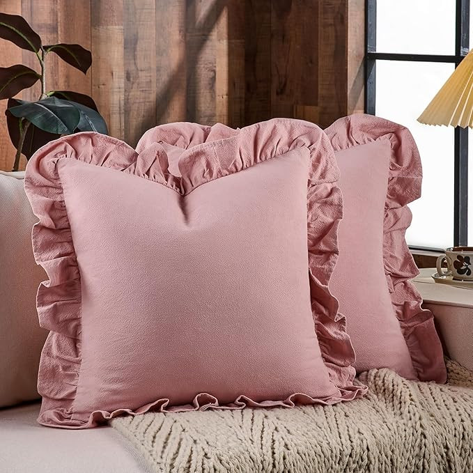 AmHoo Pack of 2 Throw Pillow Covers 100% Cotton Pre Washed Ruffle Decorative Pillowcase Cushion f... | Amazon (US)