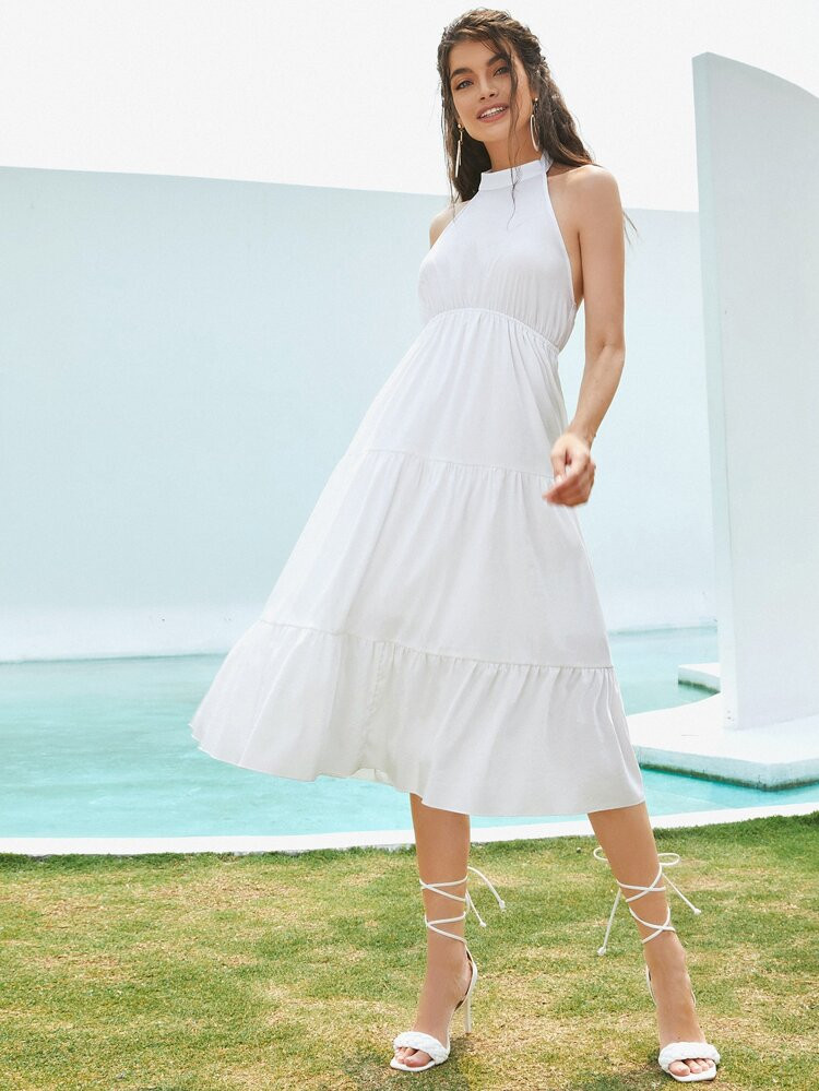 Halterneck Backless Ruffle Hem Dress | SHEIN