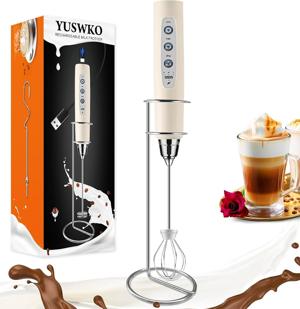 YUSWKO Beige Handheld Milk Frother Wand with Stand for Coffee, Rechargeable Electric Whisk with 3... | Amazon (US)