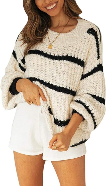 MIROL Women's Color Block Pullover Sweaters Striped Lantern Sleeve Oversized Knit Jumper Loose Ch... | Amazon (US)
