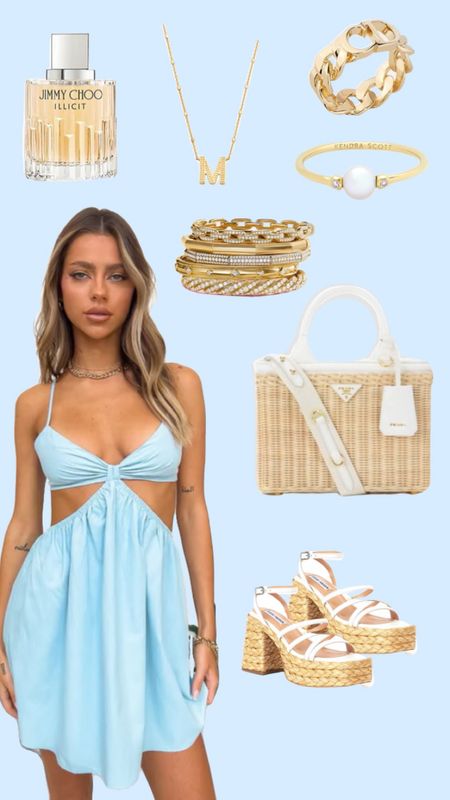 Perfect outfit for summer ! 
Blue mini dress , bracelets , rings , necklace , wedge heels , Prada wicker bag  
#summeroutfit #minidress #jewelry 

#LTKstyletip #LTKSeasonal #LTKFind