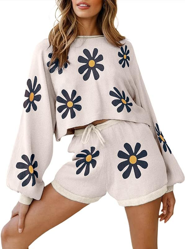 Ekouaer Knit Pajamas Set for Women Lounge Sets Long Puff Sleeve Top and Shorts 2 Piece Outfits Sweat | Amazon (US)