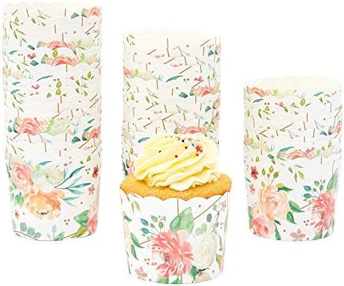 50-Pack Muffin Liners - Floral Watercolor Cupcake Wrappers Paper Baking Cups | Amazon (US)