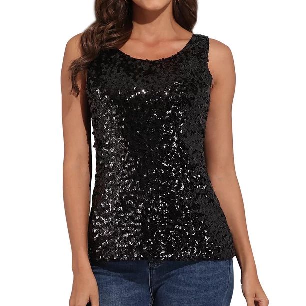 PrettyGuide Women Shimmer Glam Sequin Embellished Sparkle Tank Top Vest Tops Black, Medium - Walm... | Walmart (US)