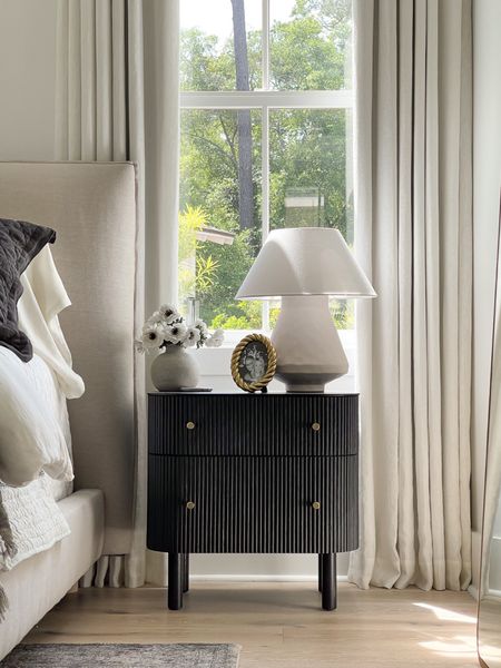Black fluted nightstand, bedroom decor, white lamps, white curtains, two pages curtains, gold picture frame, white bedding, king size bed, floor mirror, west elm, mcgeeandco, home decor 

#LTKStyleTip #LTKSaleAlert #LTKHome
