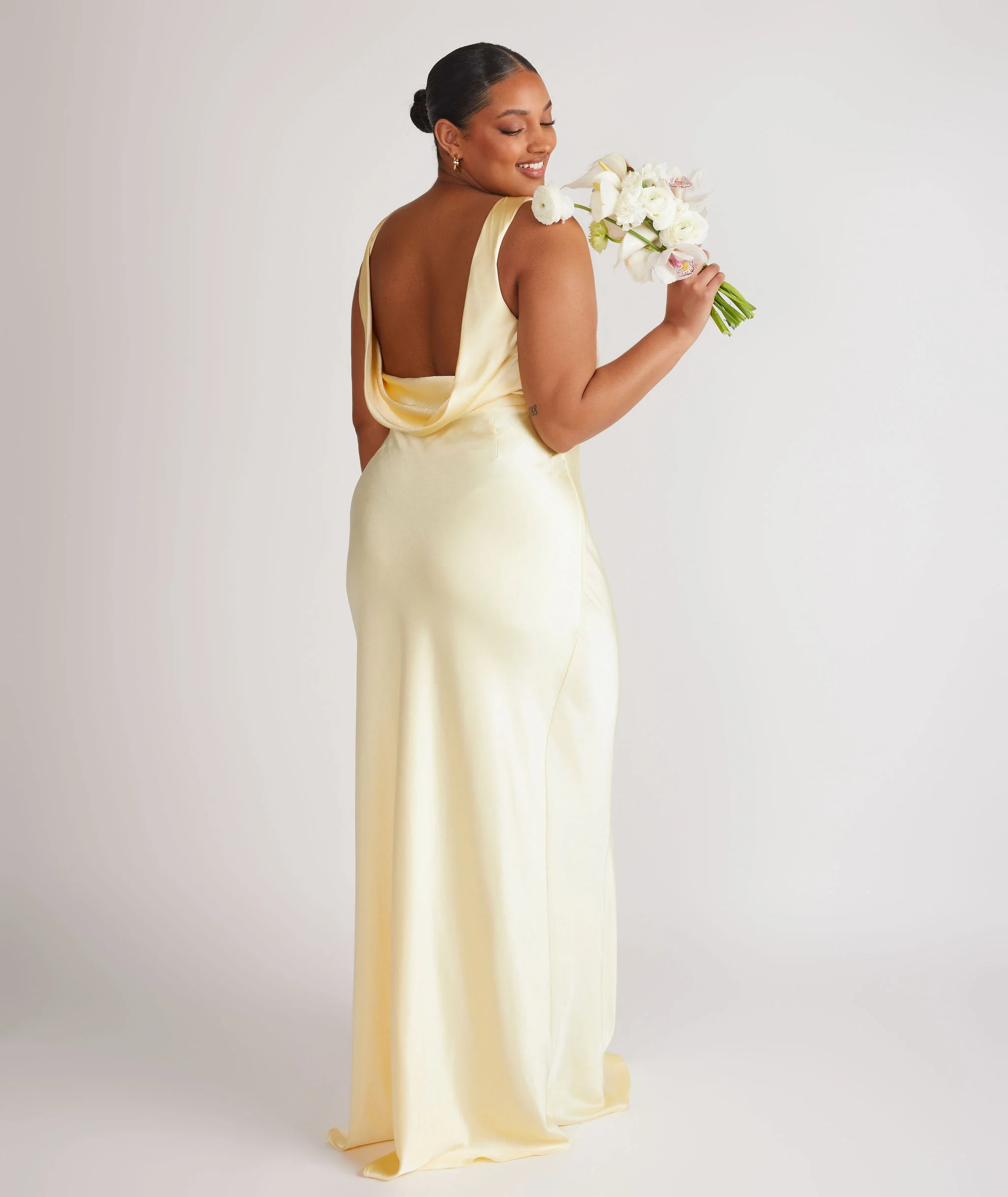 Cowl Back Satin Bridesmaid Dress - Butter Lemon | Six Stories