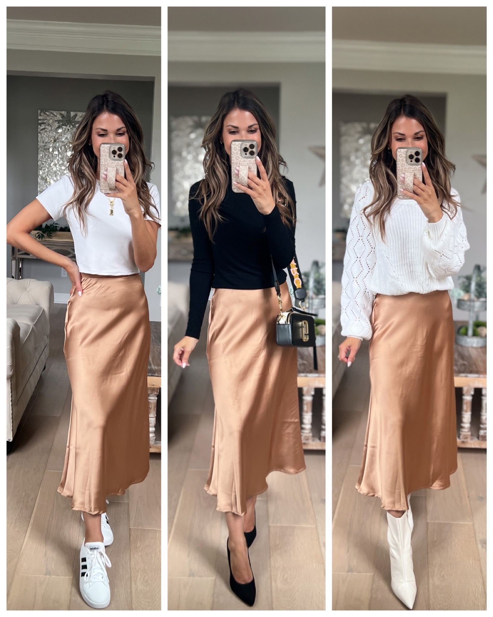 Satin midi skirt//xs//crop tee//small//turtleneck//xs//denim jacket//xs reg//moto jacket//xs//crochet sweater//small//jeans//24//cut hem at 5’1//adidas//subtract 2 from womens size (ex womens 6=big kids 4)//booties and heels //size up if between//
