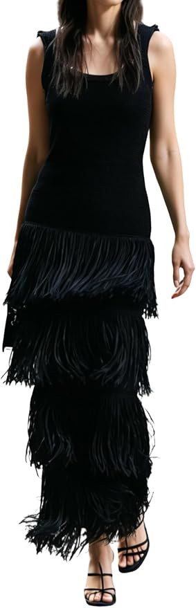 LAJIOJIO Fringe Dress Women Sleeveless Crochet Knit Casual Vacation Dresses | Tassel Fringe Hem,S... | Amazon (US)