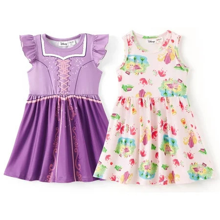 Disney Princess Girls Dresses 2 Pack Rapunzel Graphic Ruffled Sleeveless Summer Costume Dress Toddler Kids 5-6Y | Walmart (US)
