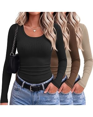 Ekouaer Womens Long Sleeve Shirts 3 Packs Scoop Neck Ribbed Tops Fitted Thermal Undershirt Soft L... | Amazon (US)