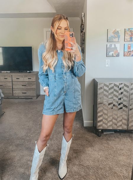 Denim romper fall outfit white cowboy boots western outfit country concert 

#LTKunder50 #LTKstyletip #LTKSeasonal