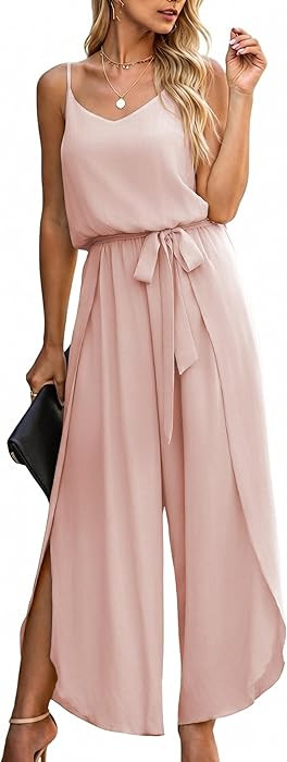 ECOWISH Womens Jumpsuit Spaghetti Strap Wide Leg Split Jumpsuits Long Overalls Summer Beach Loose... | Amazon (US)