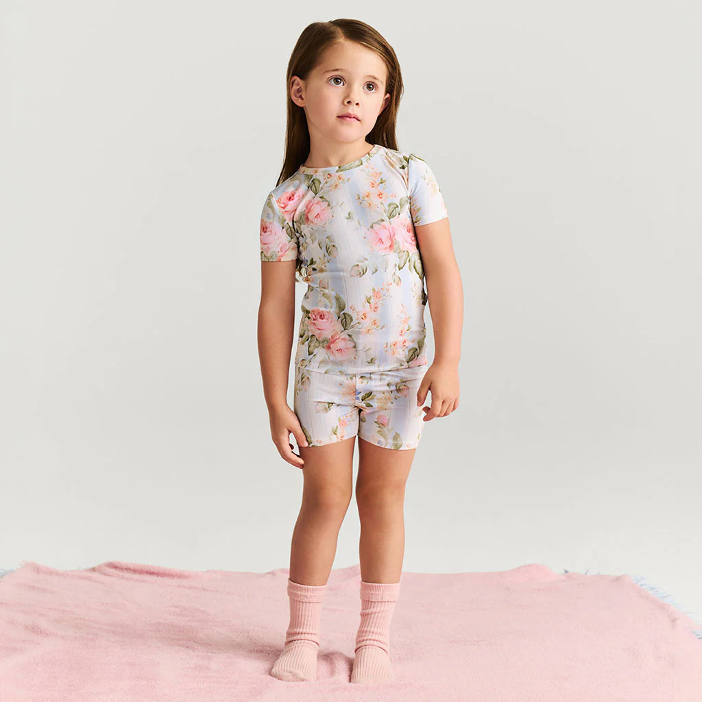Floral Blue Short Sleeve Leigh Classic Pajama Short Set | Posh Peanut\u00ae | Posh Peanut