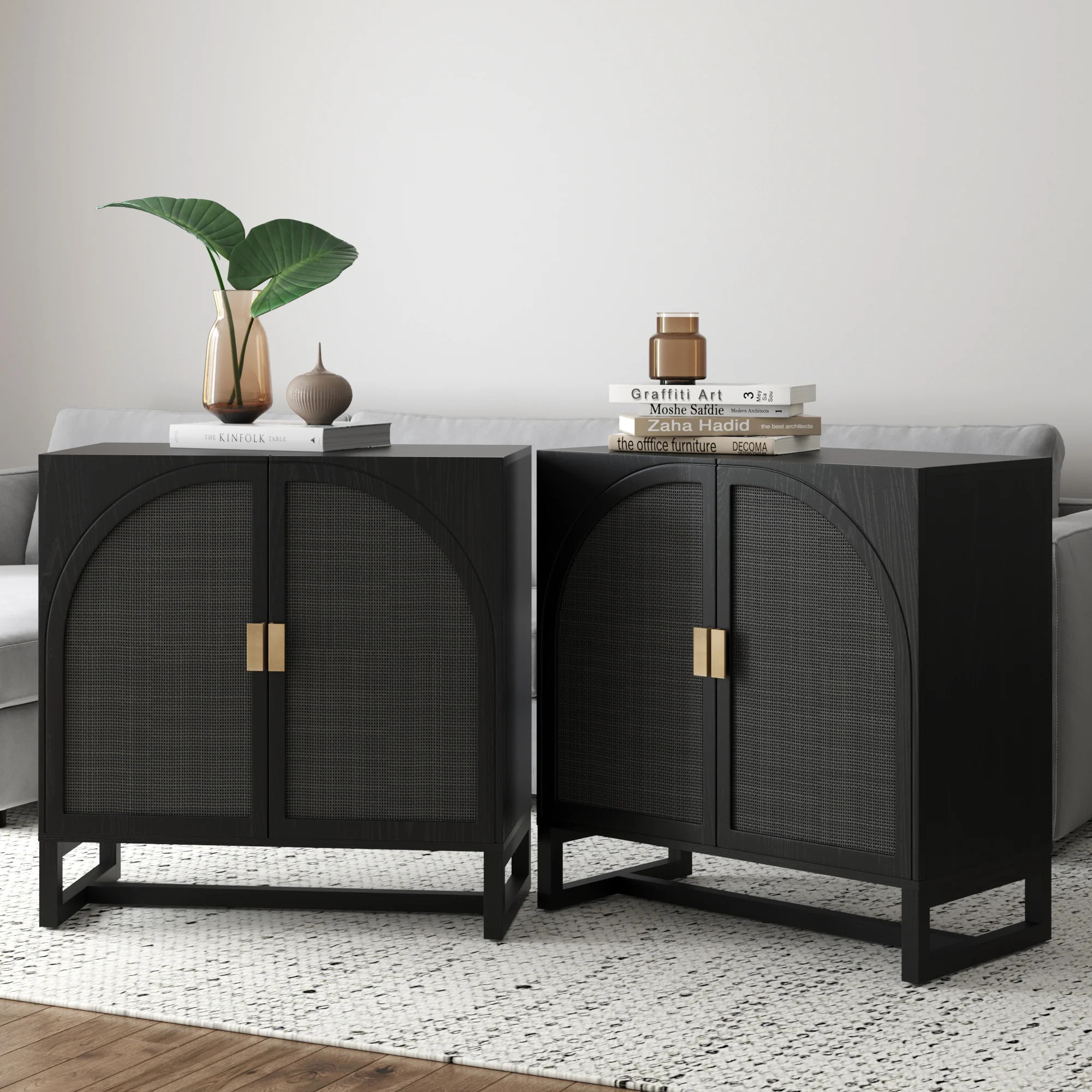 Arched Wooden TV Console Credenza Black Rattan (Set of 2) | Nathan James