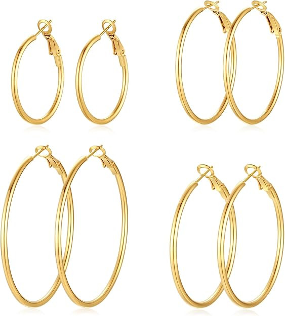 4 Pairs Silver Gold Hoop Earrings for Women | 14K Gold Plated Hoop Earrings Set Hypoallergenic Ea... | Amazon (US)