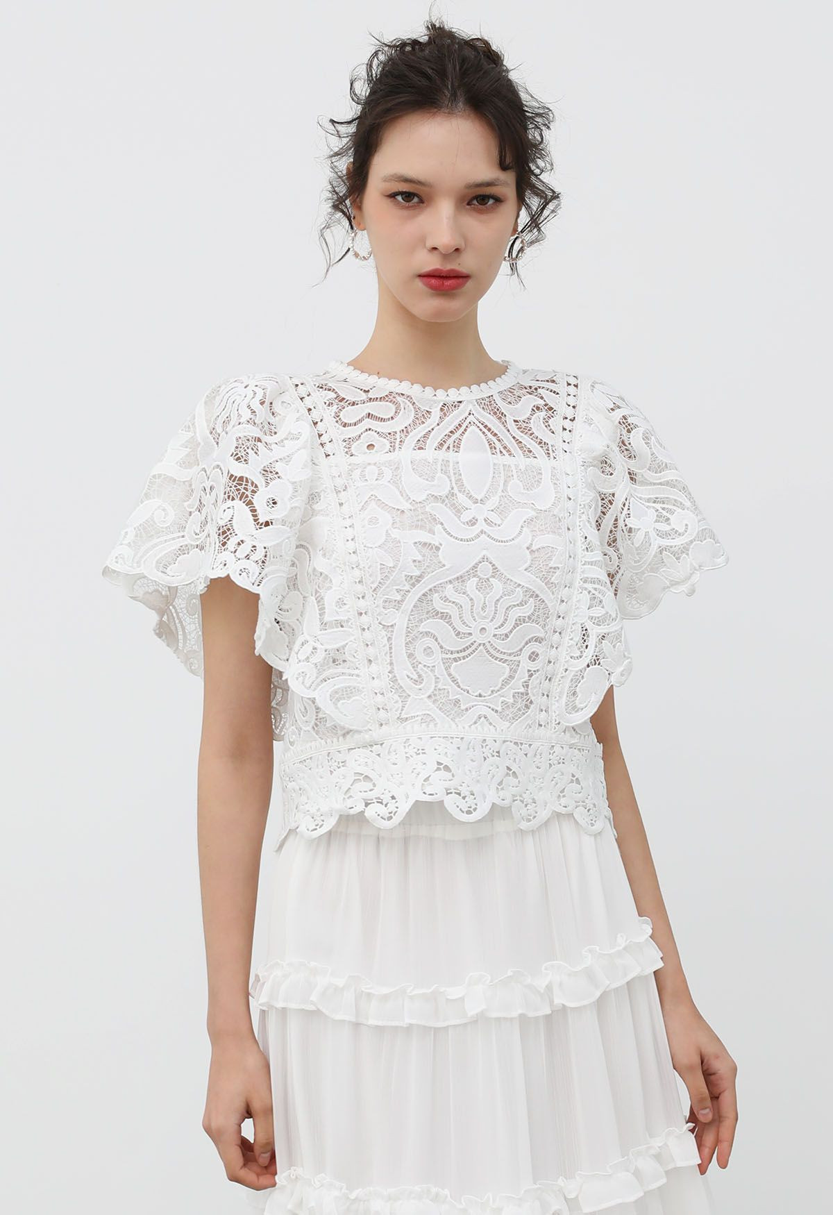 Delicate Cutie Cutwork Lace Flutter Sleeves Top in White | Chicwish