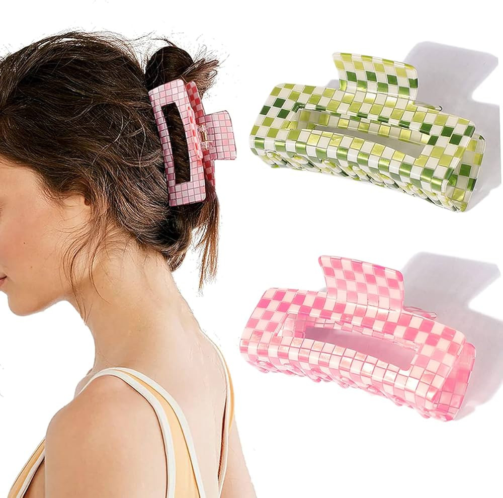 Checkered Hair Clip, Checkered Claw Clip, Large Hair Claw Clips for Thick Hair, 2pcs Hair Clips for Women, 4 Inch Rectangle Big Hair Clips Y2K Fashion Accessories Pink Green Checkerboard Claw Clips | Amazon (US)