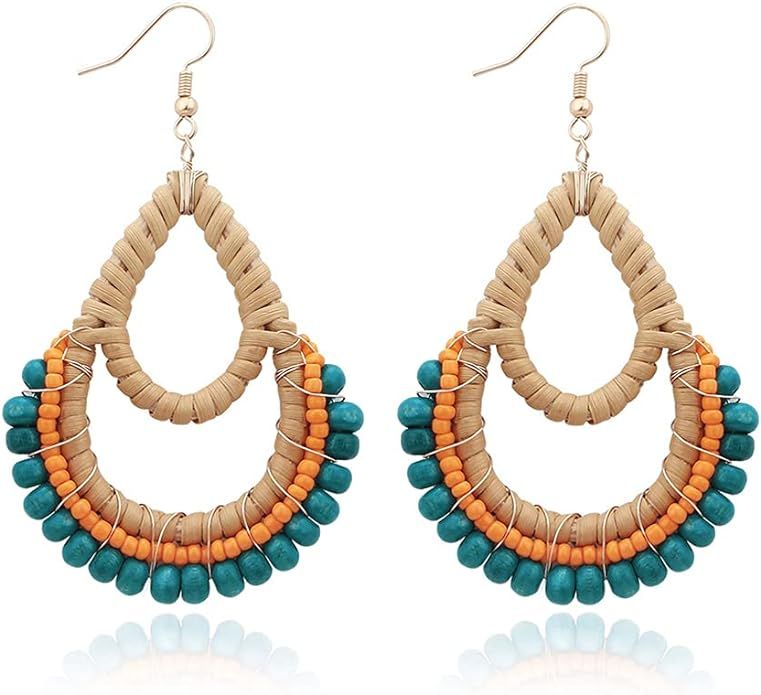 Bohemian Rattan Wooden Beads Handmade Circle/Teardrop Earrings Dangle Drop Jewelry for Women Girl... | Amazon (US)