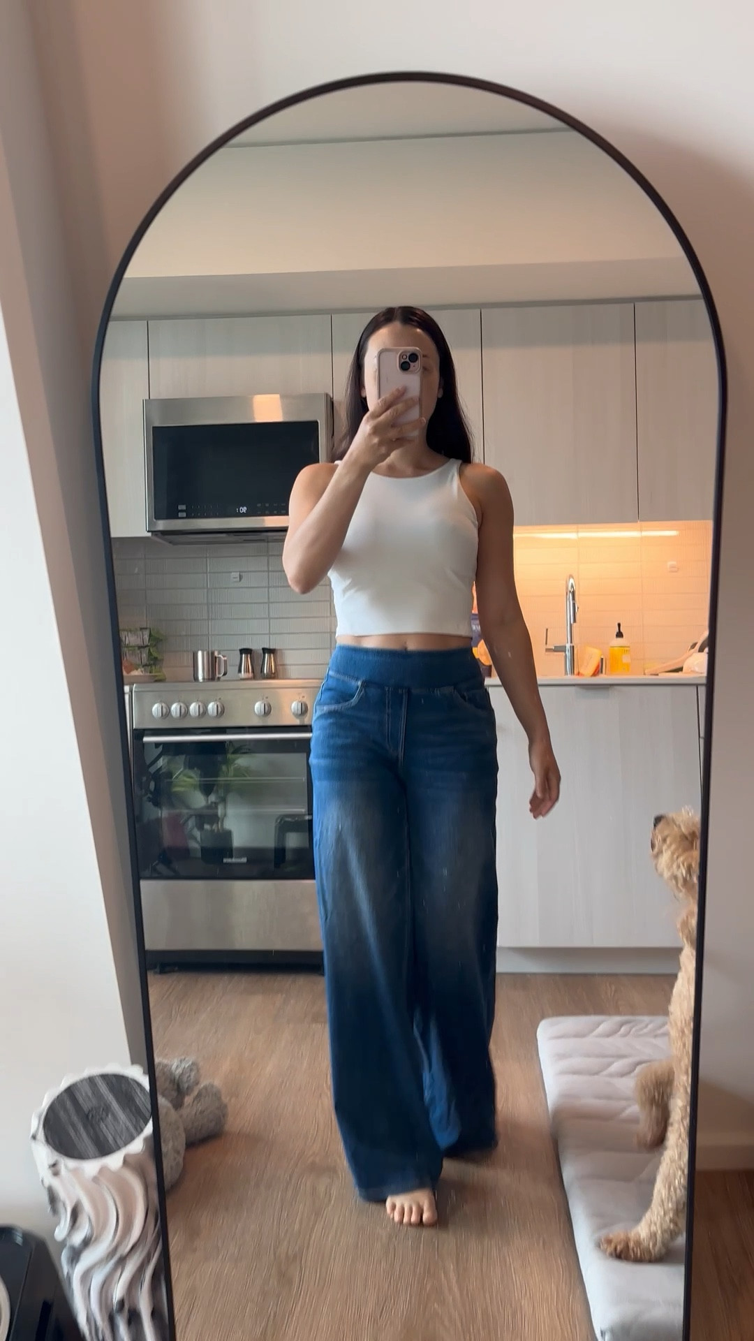 Just a simple, casual, every day look.  As comfy as it is cute and I can wear this anywhere…to run errands, to travel, lunch with friends.  I love it!  

Jeans from Halara.  Use discount code: esther22 

They are stretchy and comfy flex denim.  Almost feels like pajamas.  

Top from lululemon Align collection.  A staple for any wardrobe.  