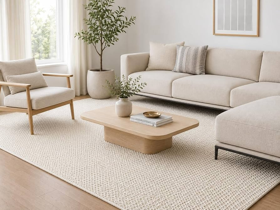 Handwoven Wool Area Rug - Hand Woven Natural Carpet Rugs- Bedroom Living Room Dining Room (Ivory-... | Amazon (US)