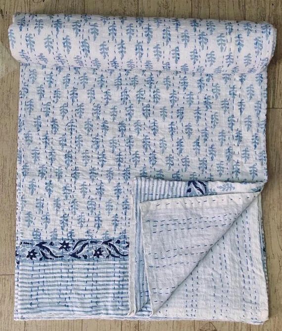 Blue Indigo Hand Block Print Kantha Quilt a Pure Hand Stitched - Etsy | Etsy (US)