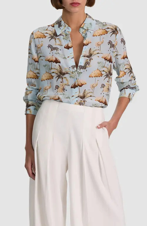ALICE + OLIVIA Willa Print Silk Shirt in Untamed at Nordstrom, Size Medium | Nordstrom
