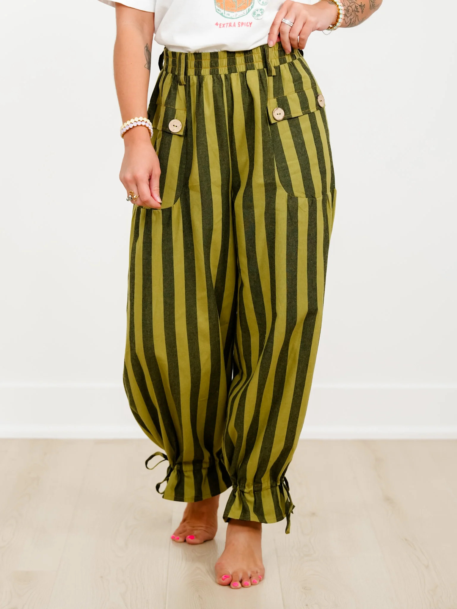Plus/Reg Striped Elastic Waist Wide Leg Pants With Tiered Panels | Shop.app