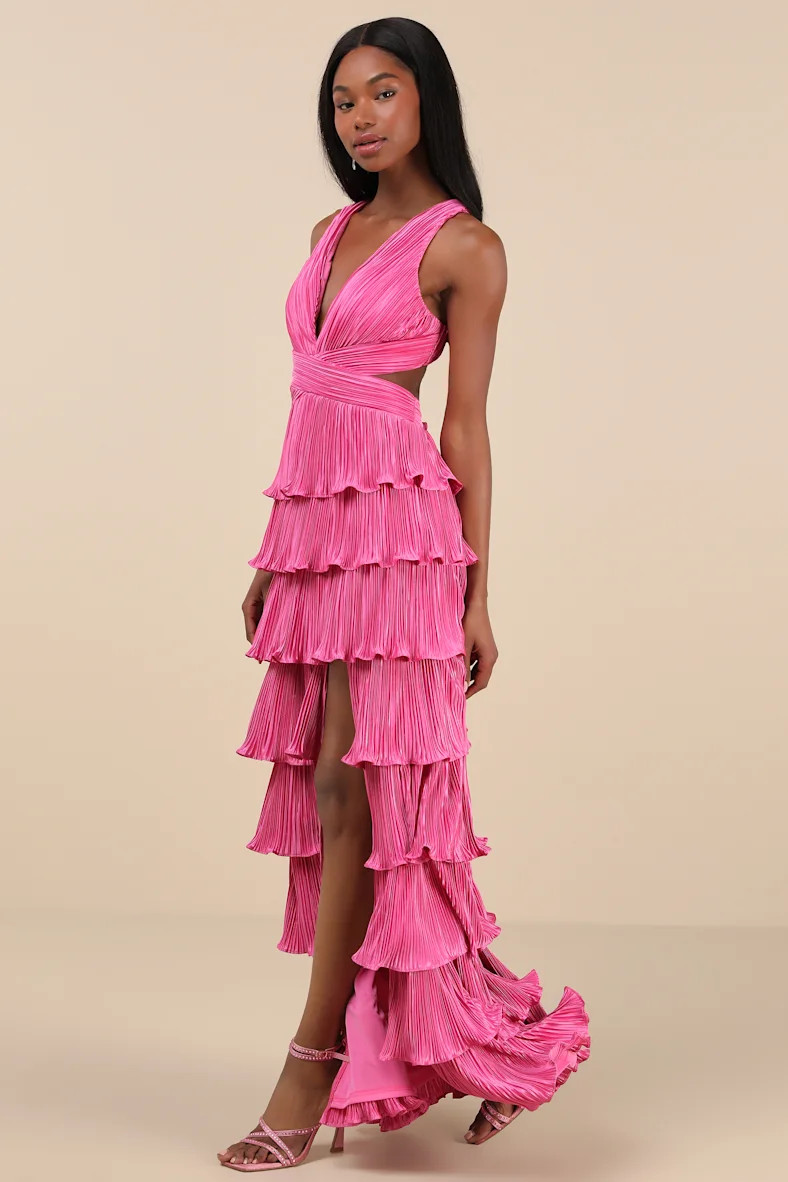 Beauty Icon Pink Satin Pleated Tiered Lace-Up Maxi Dress | Lulus
