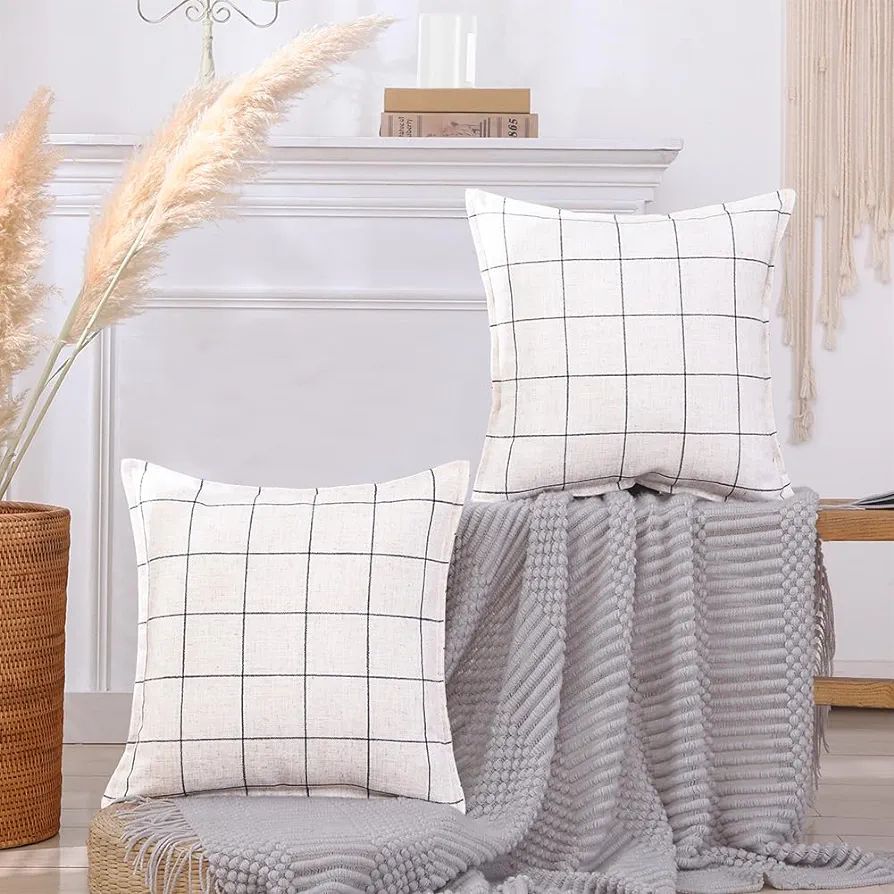 CARRIE HOME Farmhouse Plaid Throw Pillow Covers 18x18 Set of 2 Checkered Decorative Linen Boho Pi... | Amazon (US)