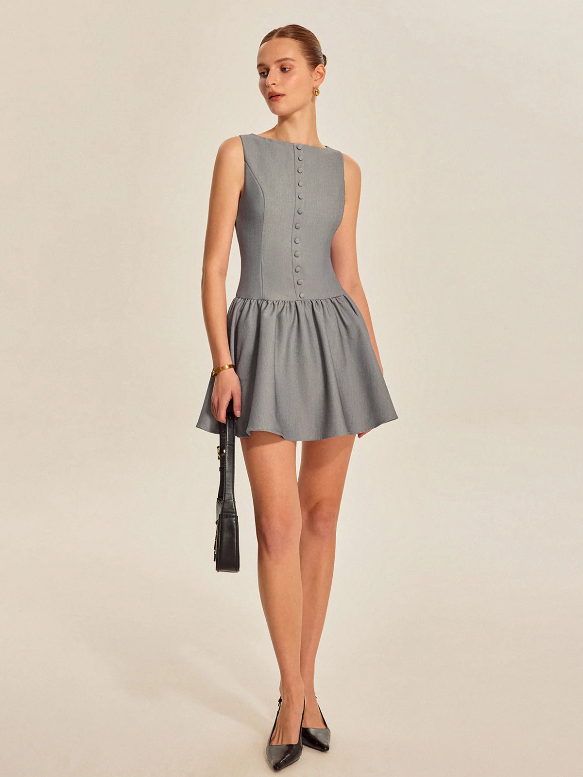 Button Front Pleated Sleeveless Dress | Commense