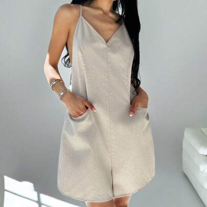 Women's Linen Solid Color Casual Simple Fashionable Sleeveless Jumpsuit, Suitable For Summer | SHEIN
