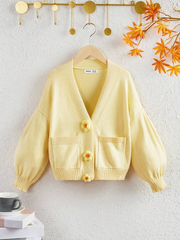 SHEIN Tween Girl Drop Shoulder Pocket Patched Cardigan | SHEIN