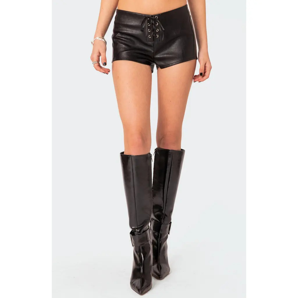 EDIKTED Wilde Lace Up Faux Leather Shorts in Black at Nordstrom, Size Medium | Nordstrom