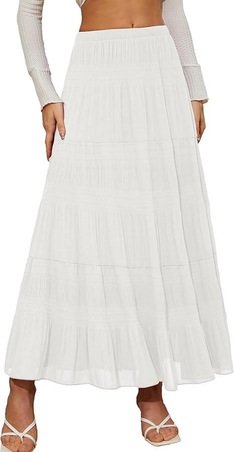 Women's Chiffon White Flowy Maxi Skirts Boho Summer Elastic Waisted Pleated A Line Long Skirt for... | Amazon (US)