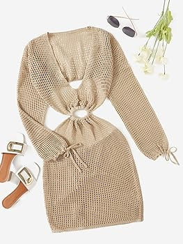 MakeMeChic Women's Crochet Cover Up Long Sleeve Knitted Swim Beach Cover Up Dress Swimwear | Amazon (US)