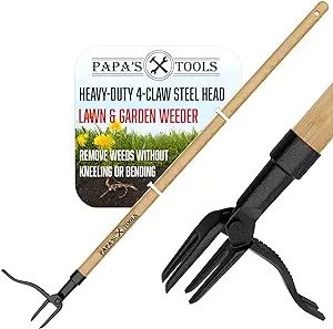 Papa's Weeder - Stand Up Weed Puller Tool Made with Long Wooden Handle - Real Bamboo & 4-Claw Ste... | Amazon (US)