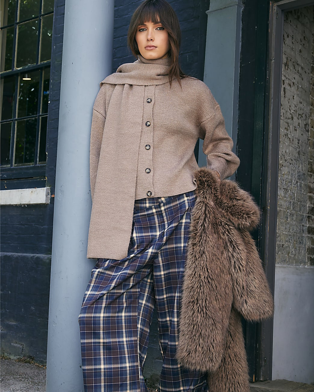 Brown Check Wide Leg Trousers | River Island UK & IE