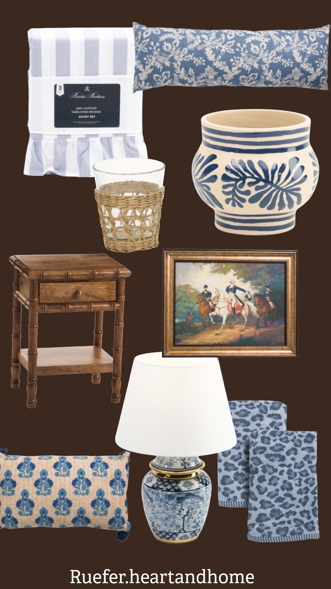 New home decor items that caught my eye… pillows, outdoor pillow, blue floral planter, framed art, rattan glassware, blue leopard hand towels, chinoiserie table lamp, stripe duvet, accent table, bamboo style table 